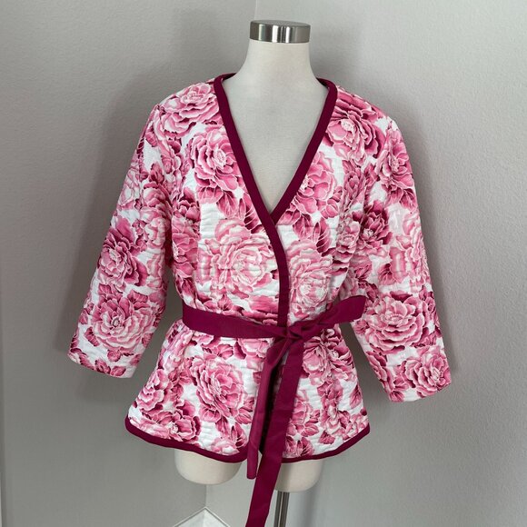Isaac Mizrahi Live! Womens Plus 2X Floral Quilted Kimono Jacket Pink White - Picture 1 of 13
